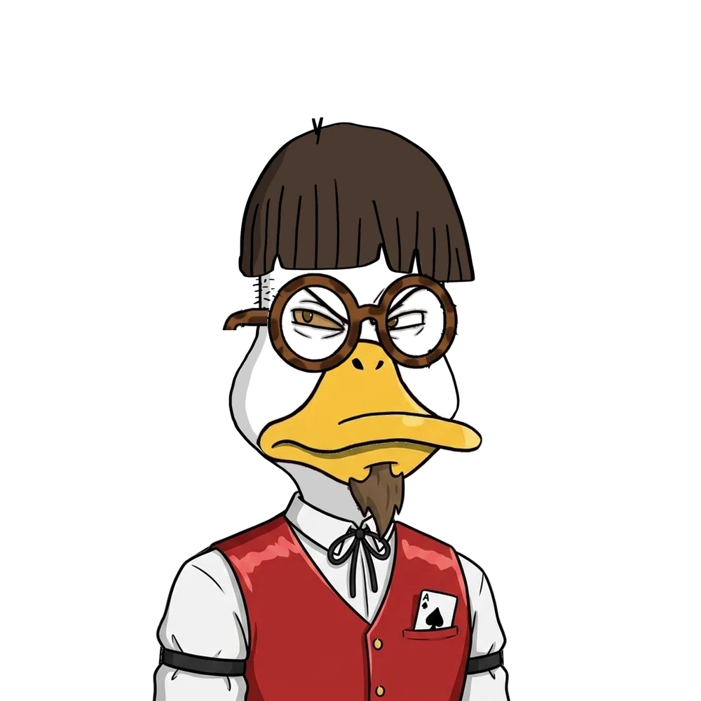 Lloyd, an OG Nonconformist Duck with a bowl cut, round bookkeeper glasses, a goatee and a red card shark vest