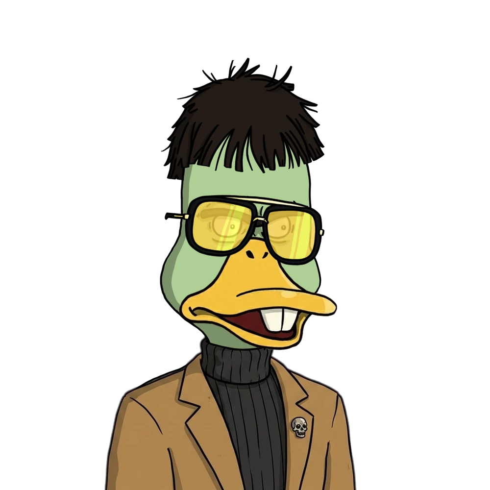 Lloyd, a Nonconformist Duck with messy black hair, gold-tinted aviator glasses, a black turtleneck, a camel blazer and a skull pin